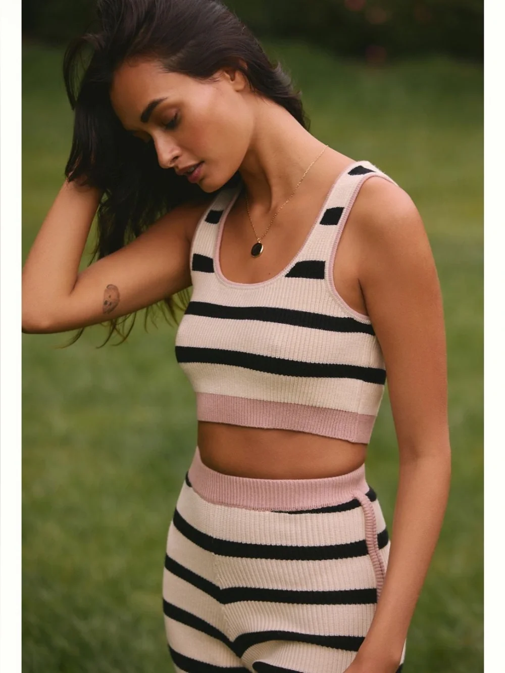 Anthropologie Size XL Striped Knit Cardigan, Crop Top & Shorts Set -Pink & Black - Picture 9 of 15